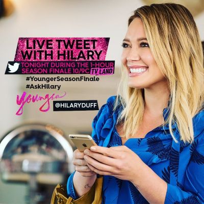 14 december: Tonight's the back to back season finale of @youngertv !!!!! I'm going to be live tweeting ! Make sure you don't miss the show and be sure to tweet me! @hilaryduff love you guys! Thank you for all the support!
