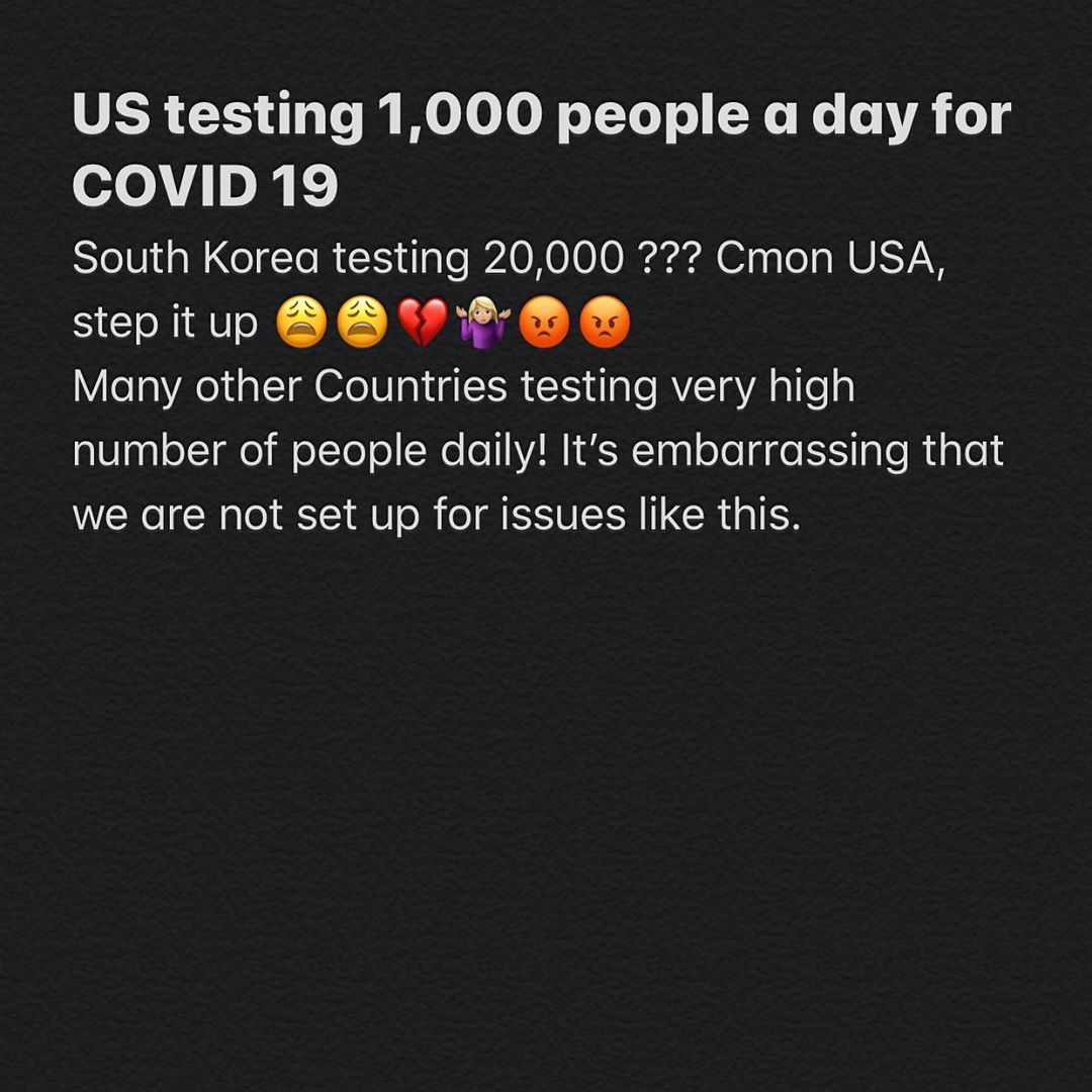 13 maart: These are scary times. We all have to stay calm but be smart. Take the precautions to stay healthy and keep our mothers and fathers and grandparents risk low until this passes. Love to all.
